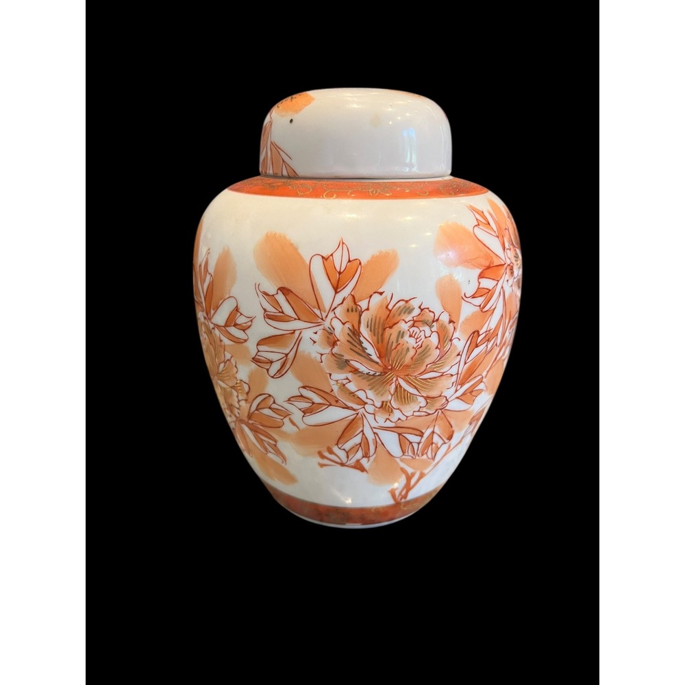LJ Original Vintage Japanese Porcelain Ginger Jar Orange Floral Gold Gilt Lid